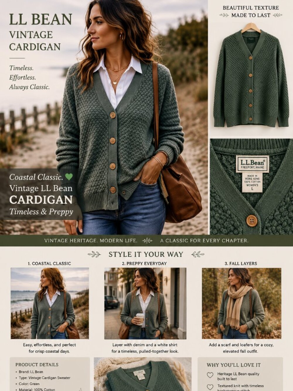 LL Bean Vintage Cardigan Sweater Green Textured Fisherman Coastal Grannycore